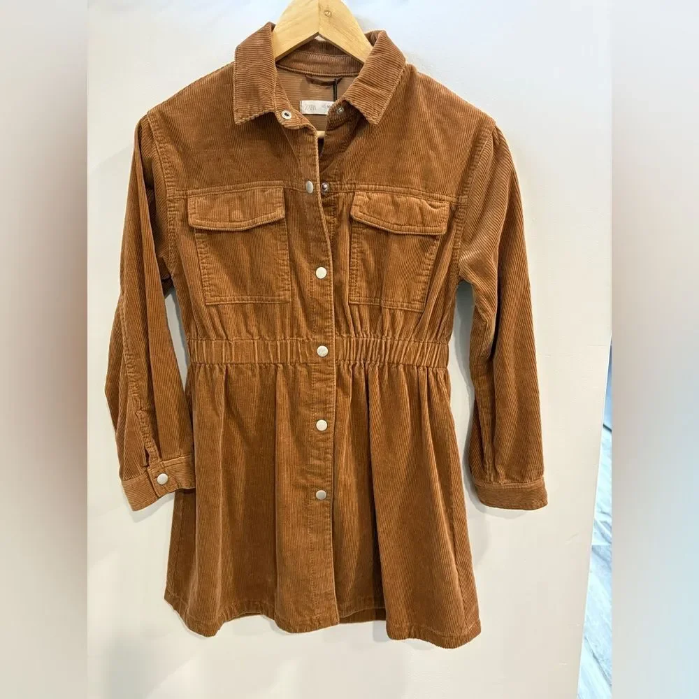 Zara Girls Corduroy Snap Button-Front Dress Jacket in Camel Brown